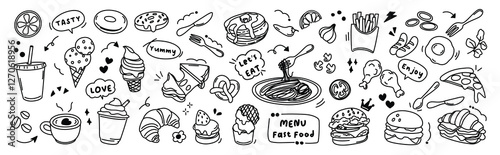Set of cute food doodle elements vector. Hand drawn doodle collection of pizza, donut, sausage, sandwich, bread, pasta, flower, arrow. Design for print, cartoon, wallpaper, restaurant, cafe, sticker.