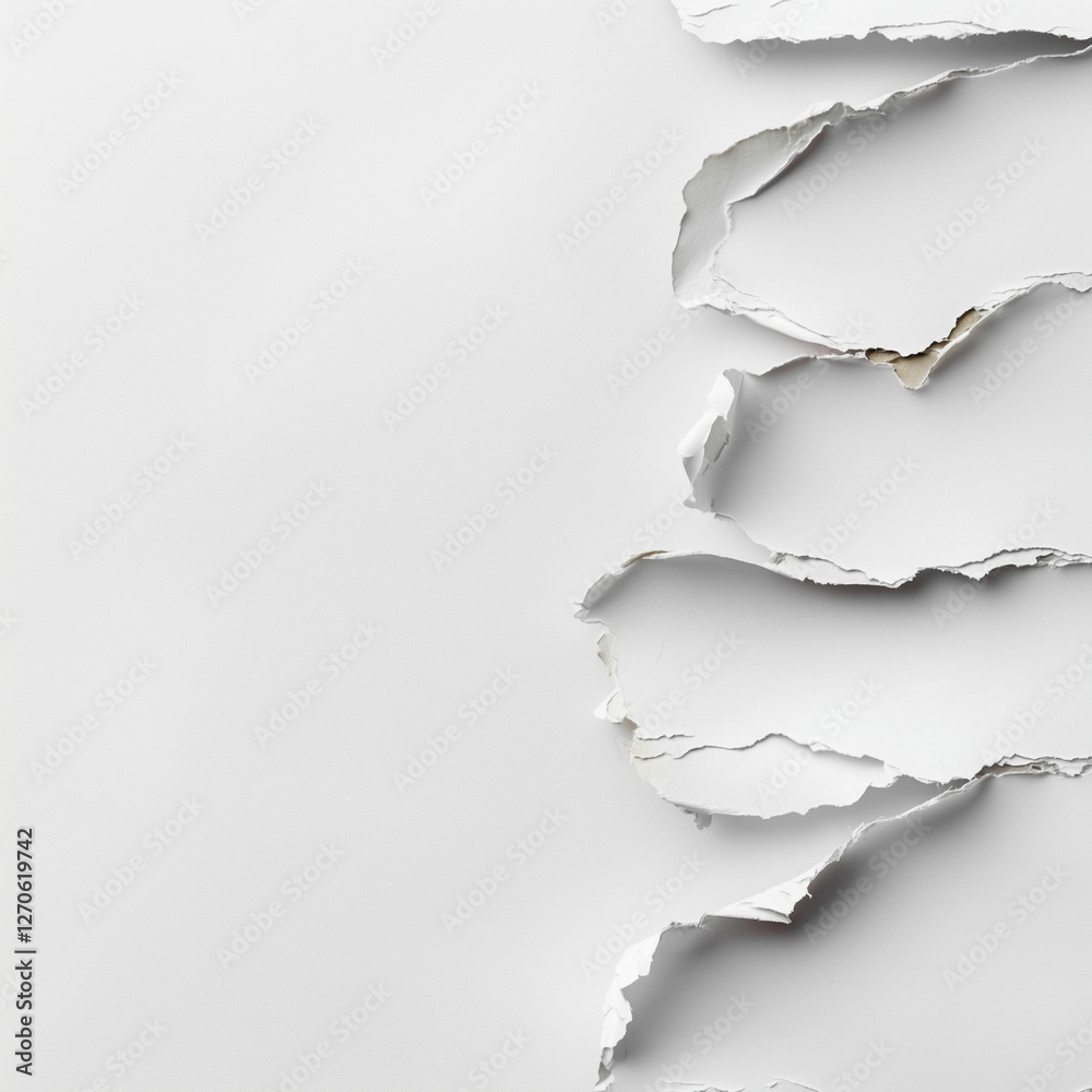Torn paper edges scattered on a smooth white background for artistic texture Torn paper edges scattered on a smooth white background for artistic texture