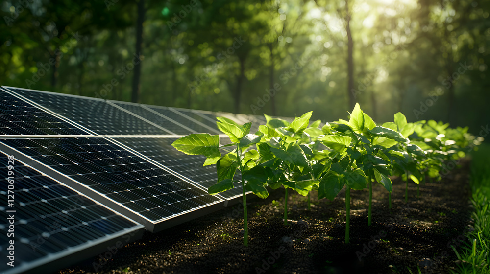 Fototapeta premium Solar Panel Installation with Young Plants in a Rural Landscape Under Sunlight