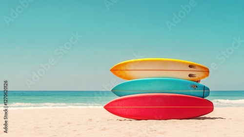 Colorful Surfboards Stacked on Beach with Clear Blue Sky
