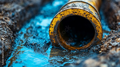 A drainage pit pipe expels wastewater, symbolizing purification, renewal, and sanitation. The image reflects human impact on the environment, waste management, and the balance between chaos and order. photo