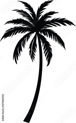 Palm tree silhouette vector illustration, tropical beach landscape, coconut palm icon, summer holiday design, exotic island sunset scene, black palm tree isolated
