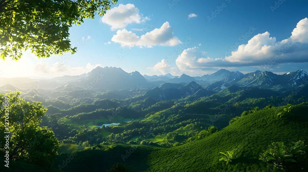 Obraz premium Lush Green Mountains Under a Blue Sky with Dramatic Sunlight and Green Foliage in a Vast Scenic Landscape