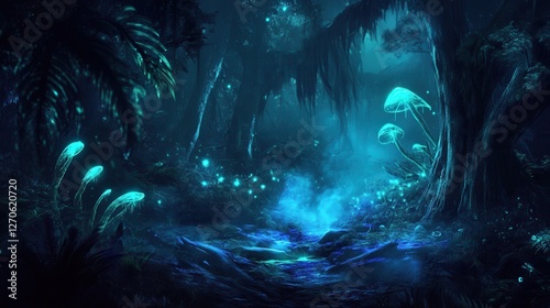 Exploring enchanted bioluminescent forest fantasy land digital art mystical environment dreamlike viewpoint