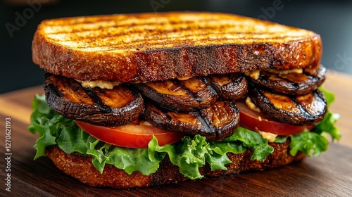 Grilled mushroom sandwich with fresh lettuce and tomato on toasted bread. Generative AI photo