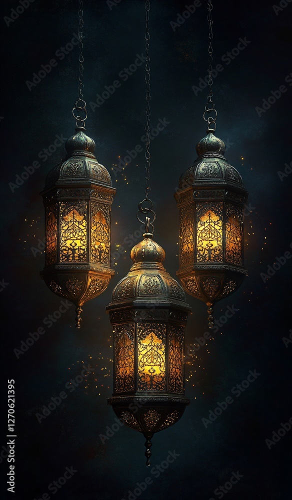 Three ornate lanterns illuminated against a dark backdrop, ideal for Ramadan or Eid Mubarak themed designs and festive promotions. Three ornate lanterns illuminated against a dark backdrop, ideal for Ramadan or Eid Mubarak themed designs and festive promotions.