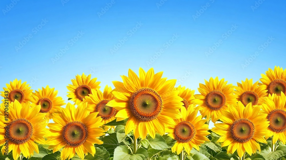 Bright Sunflowers Blooming Under Clear Blue Sky in Natural Setting Bright Sunflowers Blooming Under Clear Blue Sky in Natural Setting