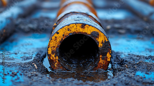 A drainage pit pipe expels wastewater, symbolizing purification, renewal, and sanitation. The image reflects human impact on the environment, waste management, and the balance between chaos and order. photo