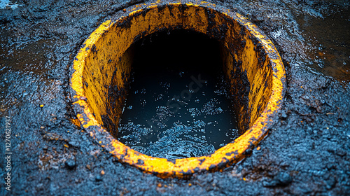 A drainage pit pipe expels wastewater, symbolizing purification, renewal, and sanitation. The image reflects human impact on the environment, waste management, and the balance between chaos and order. photo