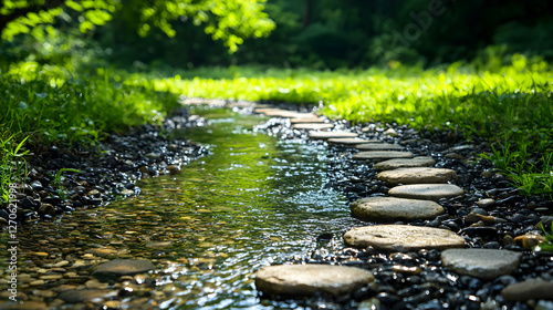 Stone Path Through Flowing Water in Green Grassy Landscape During Sunny Day