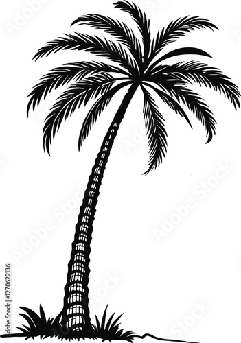 Palm tree silhouette vector illustration, tropical beach landscape, coconut palm icon, summer holiday design, exotic island sunset scene, black palm tree isolated