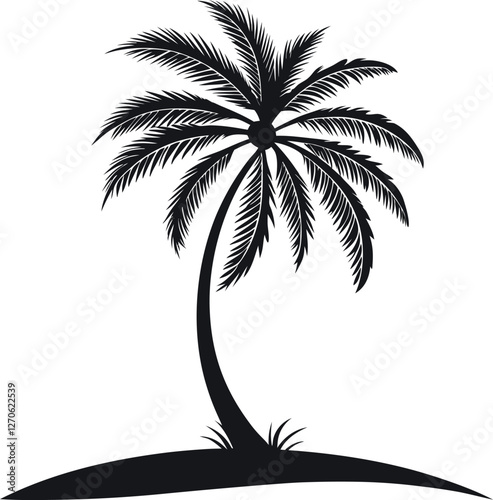 Palm tree silhouette vector illustration, tropical beach landscape, coconut palm icon, summer holiday design, exotic island sunset scene, black palm tree isolated