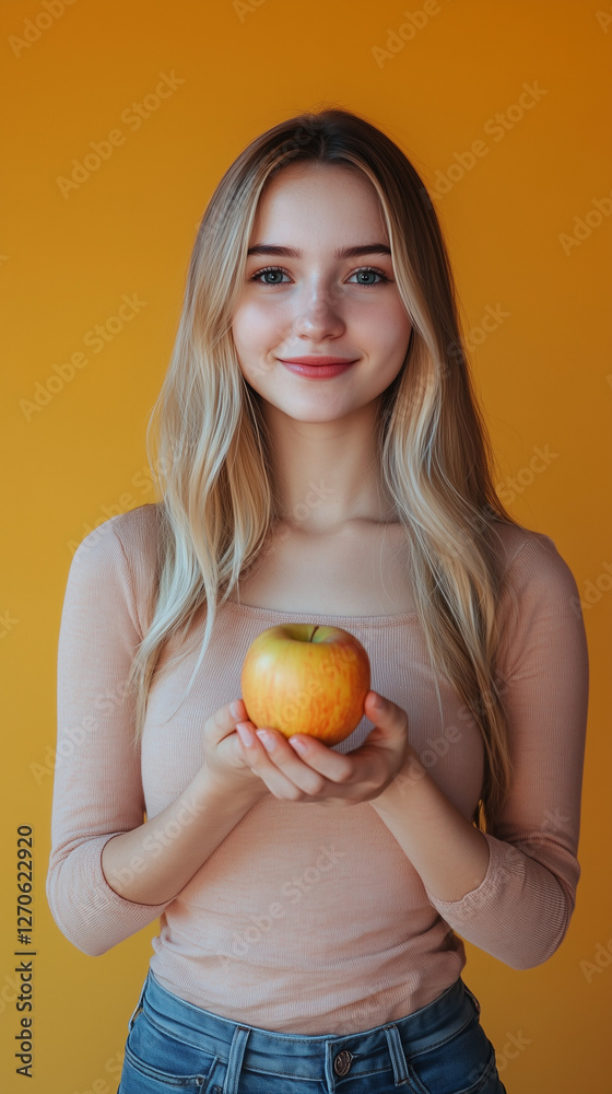 beauty farmer woman holding fruits in basket, marketing photography, happy to sell you a product, standing, smiling on solid background beauty farmer woman holding fruits in basket, marketing photography, happy to sell you a product, standing, smiling on solid background