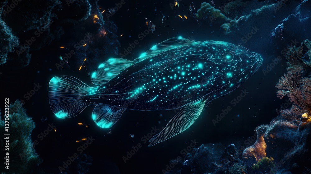 Obraz premium Exploring bioluminescent fish coral reef digital art underwater aerial view marine life concept
