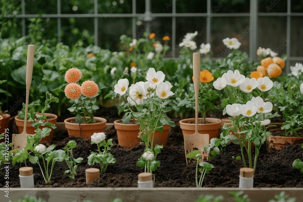 Fototapeta premium Close-up of freshly planted spring flowers with vibrant petals in rich, dark soil, illuminated by soft sunlight in a garden setting.