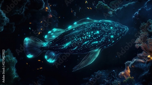 Exploring bioluminescent fish coral reef digital art underwater aerial view marine life concept