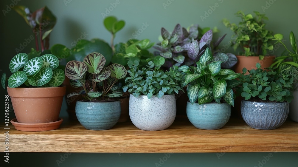 Various Indoor Potted Plants on a Shelf in Natural Light. Generative AI Various Indoor Potted Plants on a Shelf in Natural Light. Generative AI