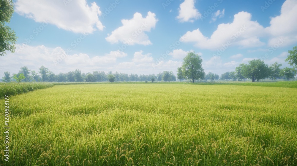 Lush Green Rice Field Under Blue Sky with Fluffy White Clouds Lush Green Rice Field Under Blue Sky with Fluffy White Clouds