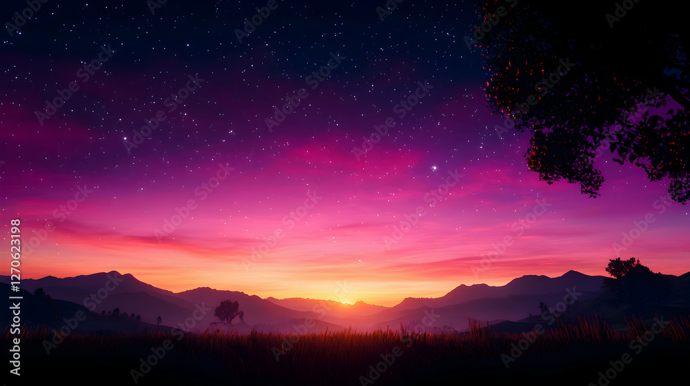 Naklejka premium Stunning Pixelated Sunset Over Mountainous Landscape with Vibrant Sky and Starry Night