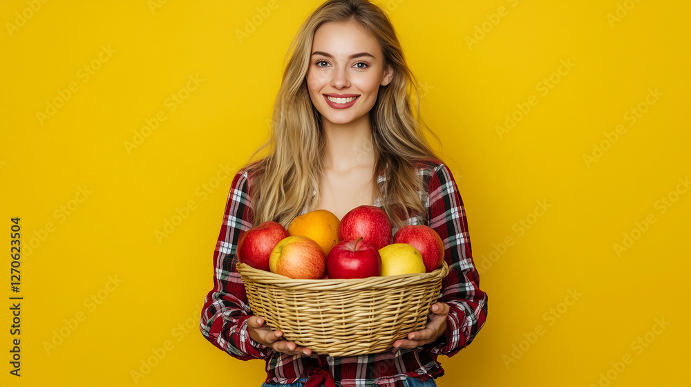 beauty farmer woman holding fruits in basket, marketing photography, happy to sell you a product, standing, smiling on solid background beauty farmer woman holding fruits in basket, marketing photography, happy to sell you a product, standing, smiling on solid background