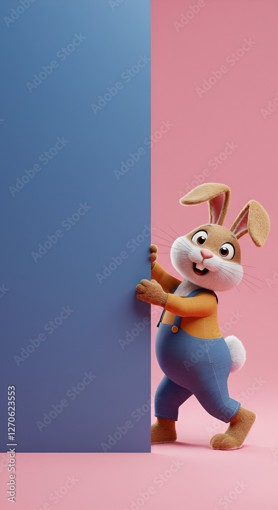 Fototapeta premium A 3D Easter Bunny holding a blue flat banner with copy space for text, a background for sales, marketing and advertising