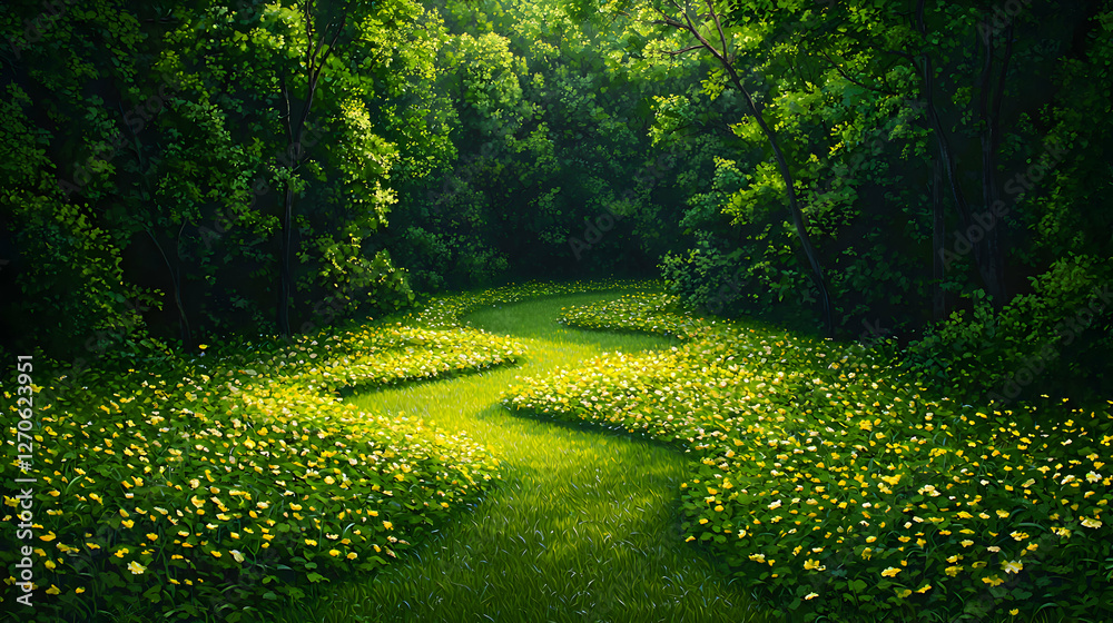 Obraz premium Sun Drenched Meadow Path Surrounded by Lush Green Trees and Vibrant Flora in a Forest Landscape