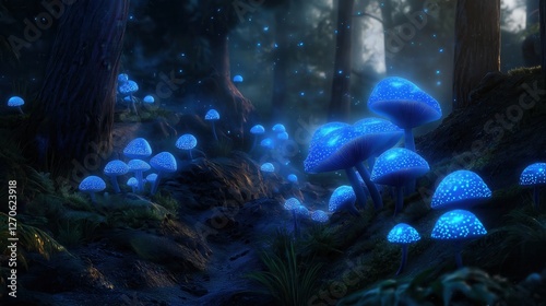 Enchanting luminescent mushrooms illuminate forest path nature scene fantasy environment deep perspective
