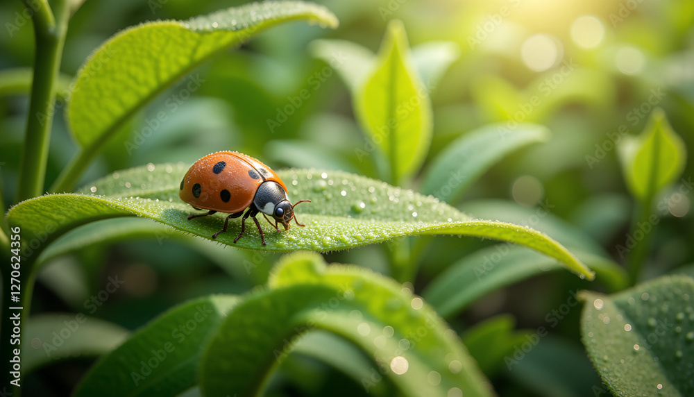 Ladybug on a Dew-Covered Leaf in Morning Sunlight Ladybug on a Dew-Covered Leaf in Morning Sunlight