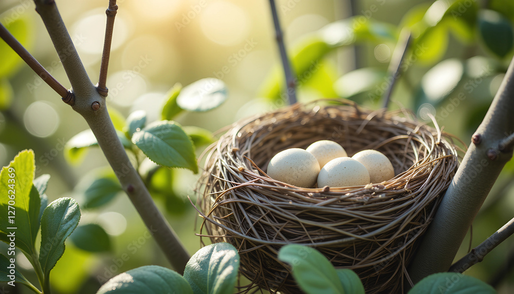 Bird Nest with Eggs on a Tree Branch in Spring Bird Nest with Eggs on a Tree Branch in Spring