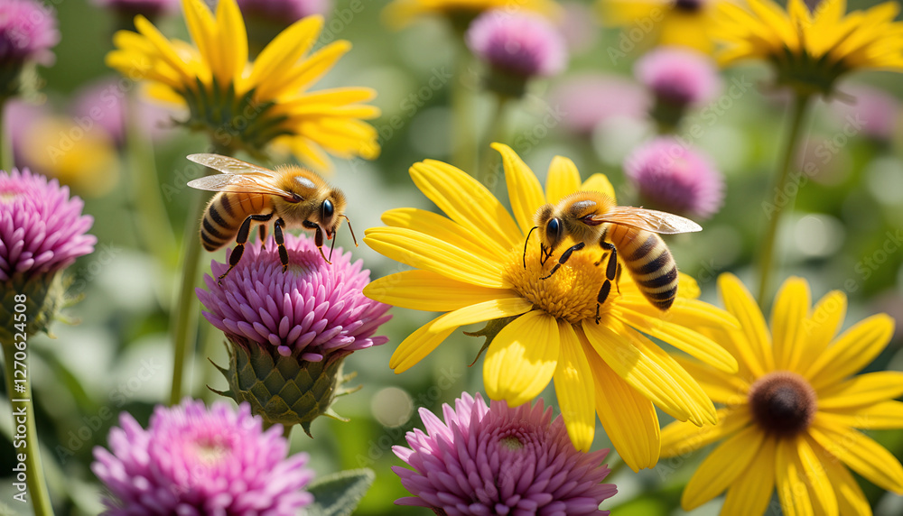 Bees Pollinating Yellow and Purple Flowers in a Garden Bees Pollinating Yellow and Purple Flowers in a Garden