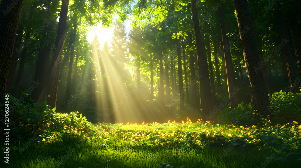 Fototapeta premium Sun Rays Shining Through Tall Trees in a Green Forest with Lush Foliage