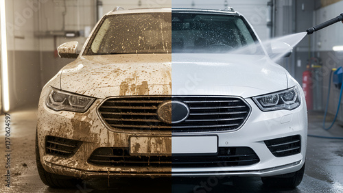 Before and after comparison of a car cleaning service using pressure washing
