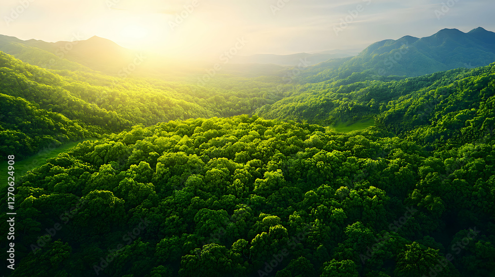 Fototapeta premium Lush Green Forest Canopy Under Warm Sunlight in Hilly Landscape with a Dense and Serene Treetops View