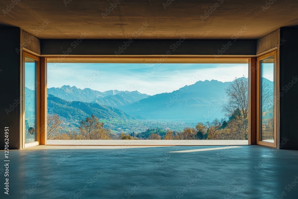 Fototapeta premium A large, open concrete space with tall glass windows overlooking trees and grass. Sunlight shines through the windows