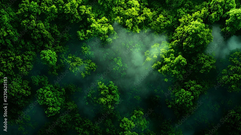 Fototapeta premium Lush Green Forest Canopy with Ethereal Fog Aerial View in Atmospheric Mist