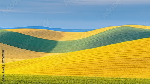 Rolling Hills of Vibrant Yellow and Green Fields Under Blue Sky