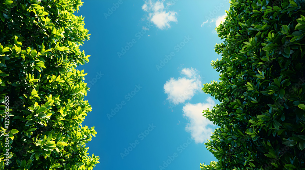 Fototapeta premium Lush Green Treetops Against a Vibrant Blue Sky with Scattered White Clouds
