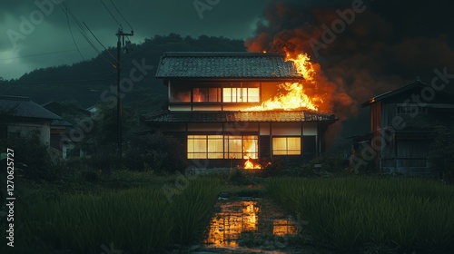 Flames engulf a traditional wooden house as dark clouds loom overhead, hinting at an impending storm in a rural landscape at twilight