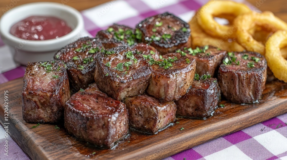 A delicious platter of grilled steak bites garnished with herbs and served with onion rings. A delicious platter of grilled steak bites garnished with herbs and served with onion rings.