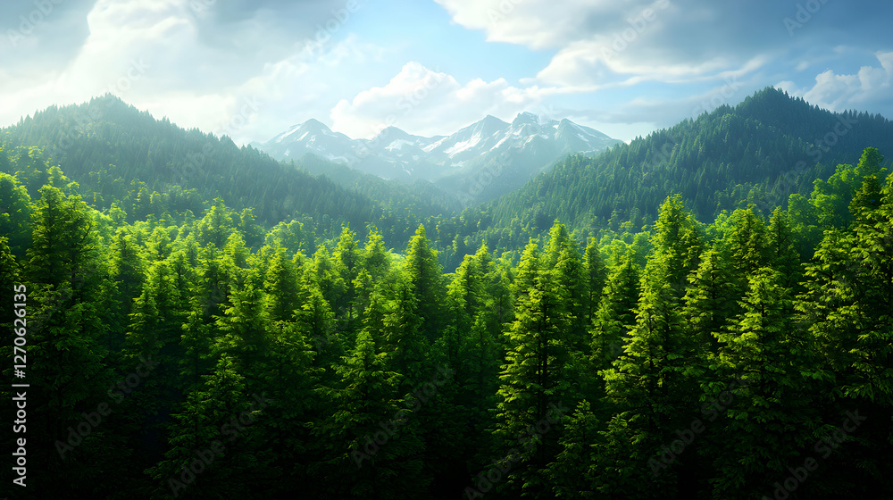 Obraz premium Lush Green Forest Covering Rolling Hills with Distant Snowy Mountains Under a Bright Sunny Sky