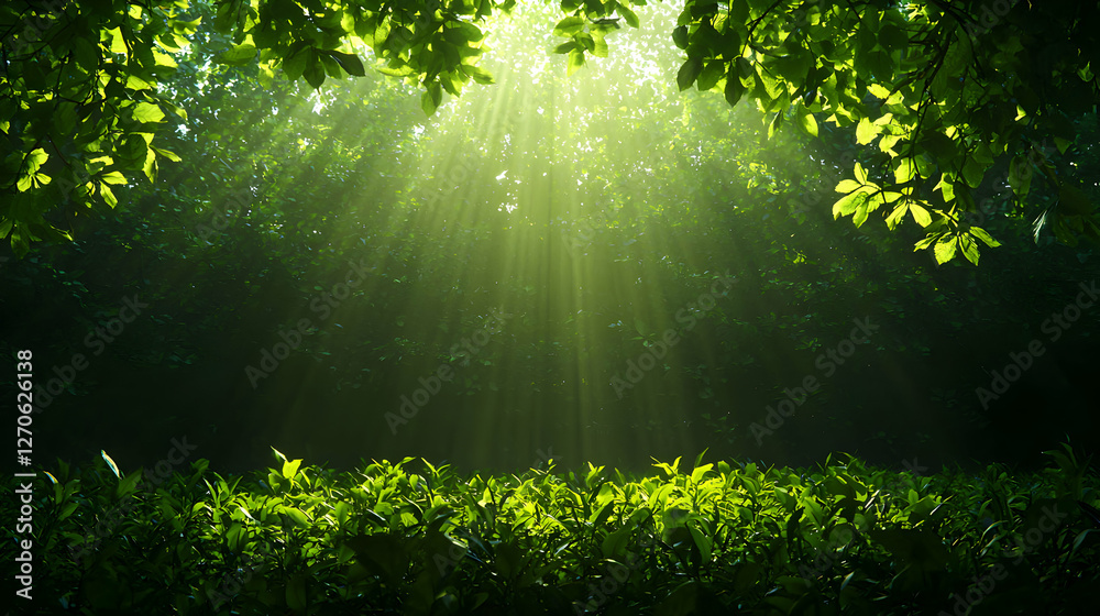 Fototapeta premium Sunlight Shining Through Green Canopy Creates Ethereal Glow in the Forest