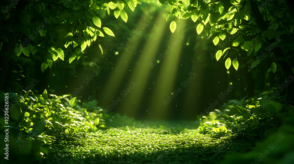 Fototapeta premium Sunlight Shining Through Green Leaves in a Forest Path with Beam of Light