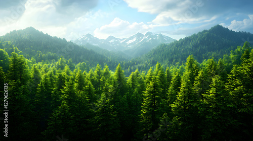 Lush Green Forest Covering Rolling Hills with Distant Snowy Mountains Under a Bright Sunny Sky
