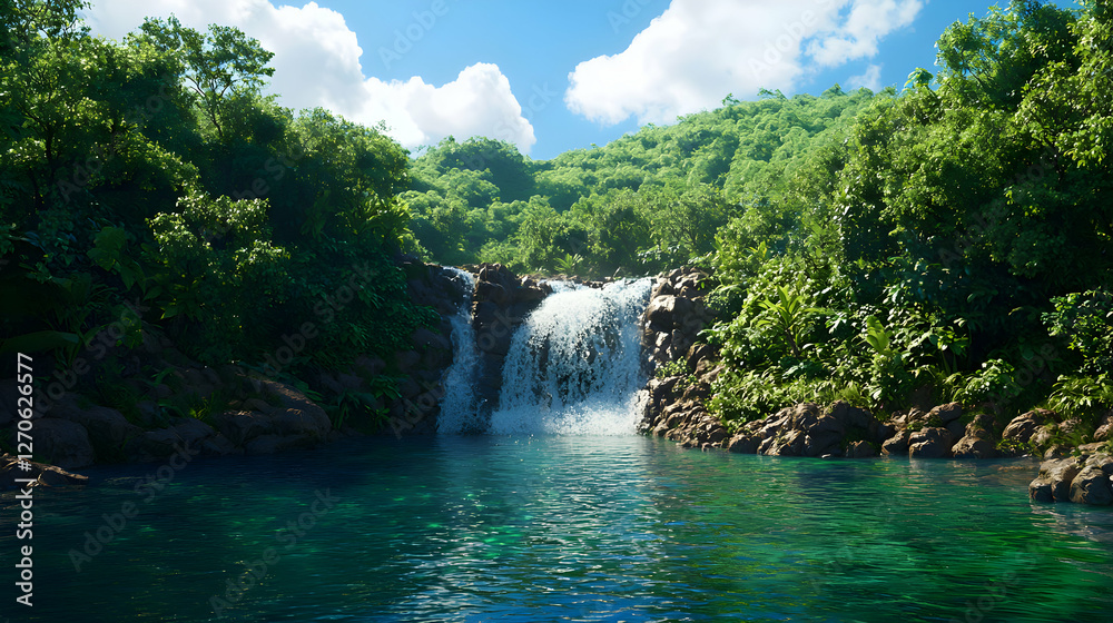 Obraz premium Lush Green Tropical Waterfall Cascade Into a Clear Turquoise Pool in Sunny Day