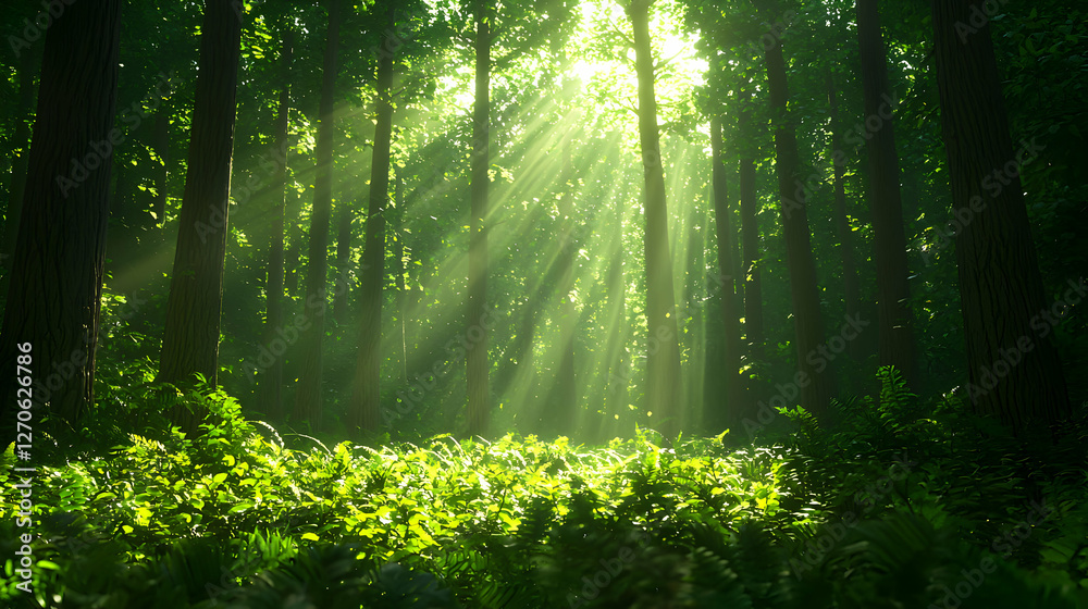 Obraz premium Sunlight Streaming Through Green Forest Canopy with Ferns on Forest Floor