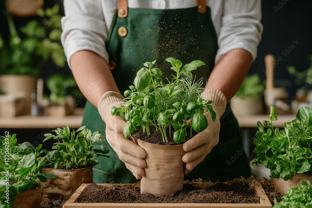 Fototapeta premium Gardener’s hands holding fresh seedlings with roots, ready for planting, with soil and a prepared garden bed in the background.