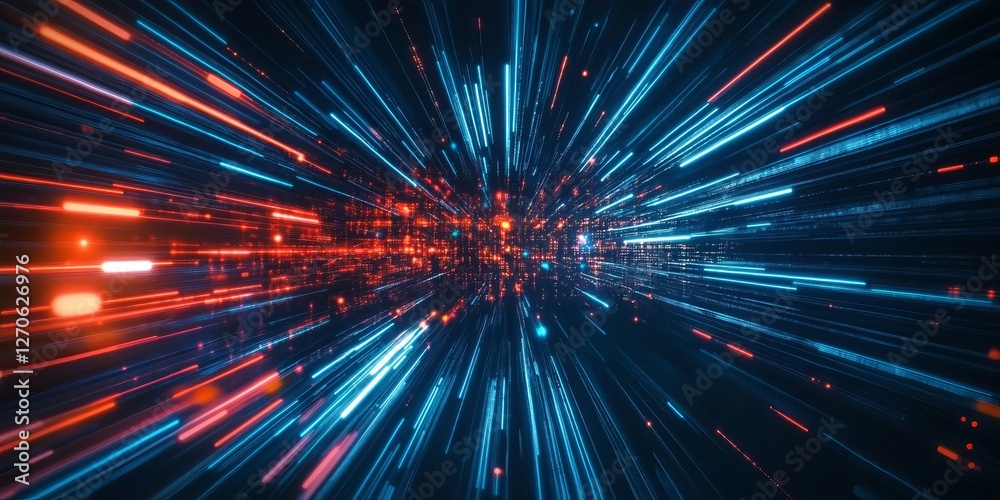 Naklejka premium Abstract high-speed light trail effect with blue and red tones, futuristic motion concept.