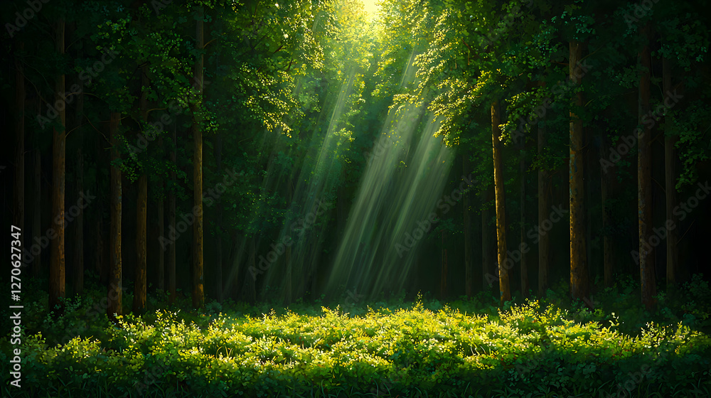 Fototapeta premium Sunlight Streaming Through Tall Trees in Lush Green Forest Landscape