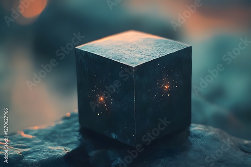 Cube enigma sunset, rocks, cosmic dust
