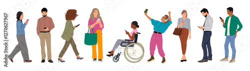 Diverse business people using gadgets. Men, women, disabled person in wheelchair holding smartphones, texting, talking. Group of male, female cartoon characters Vector realistic illustrations isolated